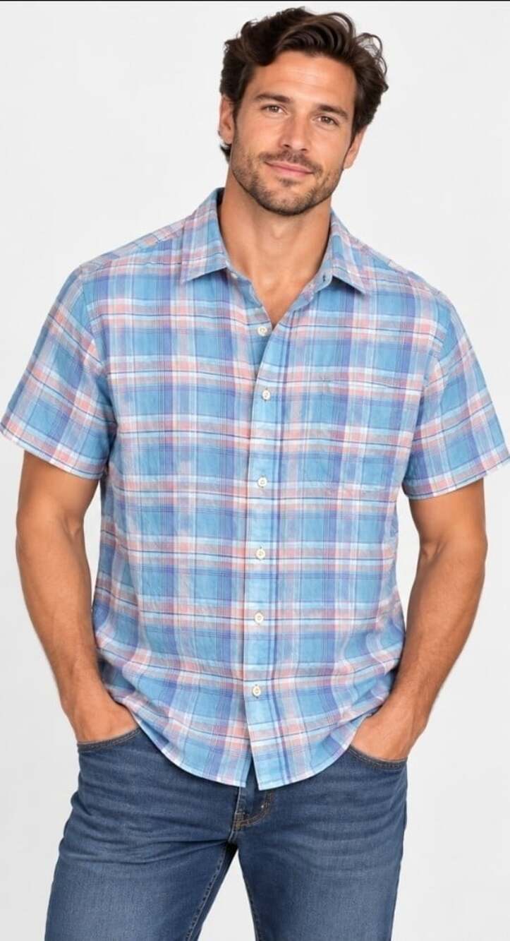 Faherty Men’s XL Short Sleeve Button Up Shirt Blue Plaid Linen Excellent T110